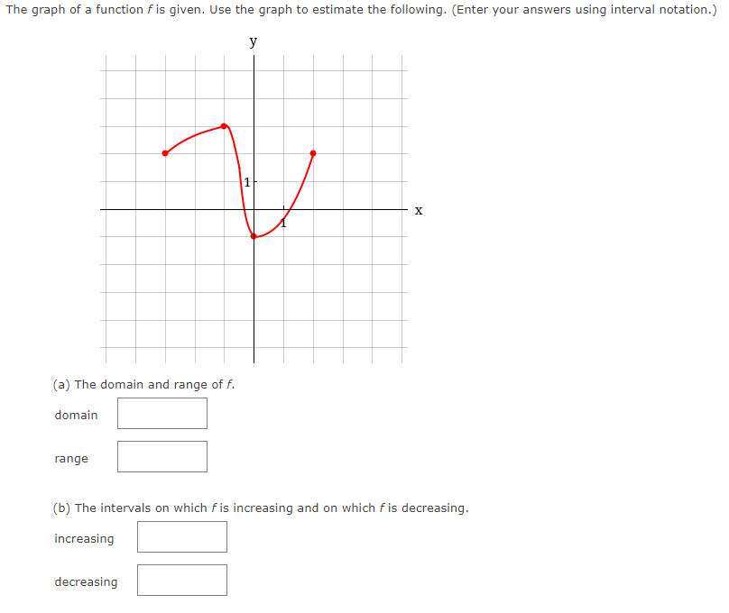 The graph of a function fis given. Use the graph to estimate the following. (Enter your answers using interval notation.)
(a) The domain and range of f.
domain
range
y
decreasing
X
(b) The intervals on which f is increasing and on which fis decreasing.
increasing