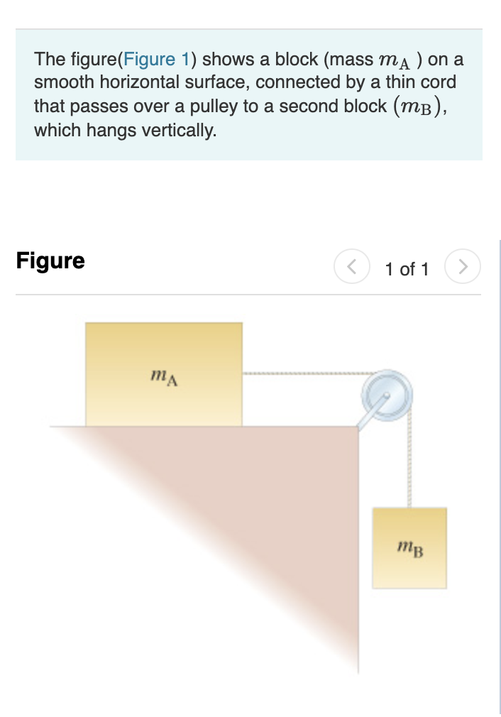 The figure(Figure 1) shows a block (mass mA ) on a
smooth horizontal surface, connected by a thin cord
that passes over a pulley to a second block (mB),
which hangs vertically.
Figure
1 of 1
mA
mB
