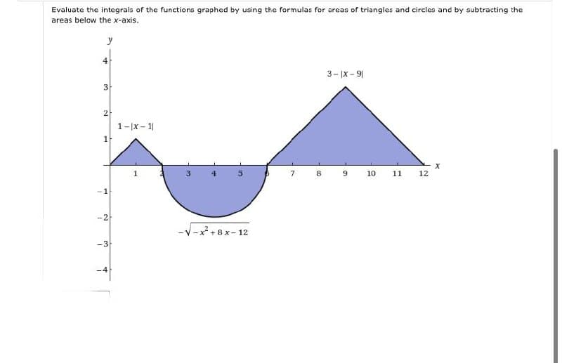 Evaluate the integrals of the functions graphed by using the formulas for areas of triangles and circles and by subtracting the
areas below the x-axis.
y
4
3- |x - 9|
3
2
1-|x-1|
7 8
9
10 11
12
-2
V-x + 8x- 12
-3
-4
