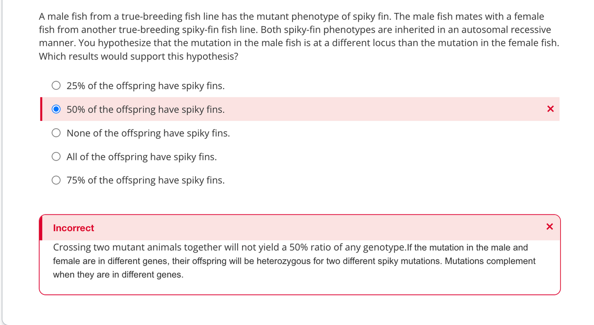 A male fish from a true-breeding fish line has the mutant phenotype of spiky fin. The male fish mates with a female
fish from another true-breeding spiky-fin fish line. Both spiky-fin phenotypes are inherited in an autosomal recessive
manner. You hypothesize that the mutation in the male fish is at a different locus than the mutation in the female fish.
Which results would support this hypothesis?
25% of the offspring have spiky fins.
50% of the offspring have spiky fins.
None of the offspring have spiky fins.
O All of the offspring have spiky fins.
O 75% of the offspring have spiky fins.
Incorrect
Crossing two mutant animals together will not yield a 50% ratio of any genotype. If the mutation in the male and
female are in different genes, their offspring will be heterozygous for two different spiky mutations. Mutations complement
when they are in different genes.
X