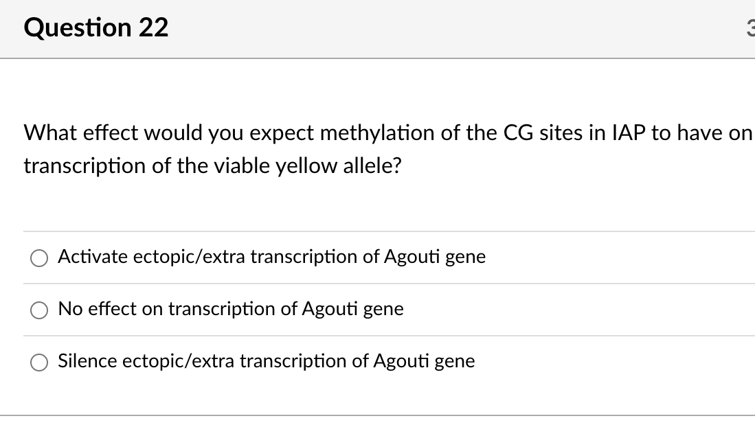 Question 22
What effect would you expect methylation of the CG sites in IAP to have on
transcription of the viable yellow allele?
Activate ectopic/extra transcription of Agouti gene
No effect on transcription of Agouti gene
Silence ectopic/extra transcription of Agouti gene