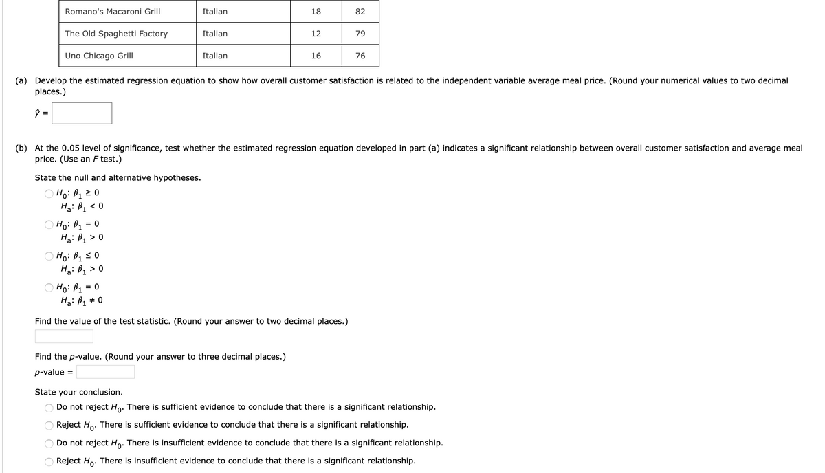 Romano's Macaroni Grill
Italian
18
82
The Old Spaghetti Factory
Italian
12
79
Uno Chicago Grill
Italian
16
76
(a) Develop the estimated regression equation to show how overall customer satisfaction is related to the independent variable average meal price. (Round your numerical values to two decimal
places.)
(b) At the 0.05 level of significance, test whether the estimated regression equation developed in part (a) indicates a significant relationship between overall customer satisfaction and average meal
price. (Use an F test.)
State the null and alternative hypotheses.
O Ho: B1 2 0
Ha: B1
< 0
O Ho: B1 = 0
Ha: B, > 0
O Ho: P1 s0
Hai P1 > 0
Ho: B1
Ha: B1 + 0
= 0
Find the value of the test statistic. (Round your answer to two decimal places.)
Find the p-value. (Round your answer to three decimal places.)
p-value
State your conclusion.
Do not reject Ho: There is sufficient evidence to conclude that there is a significant relationship.
Reject Ho. There is sufficient evidence to conclude that there is a significant relationship.
Do not reject Ho: There is insufficient evidence to conclude that there is a significant relationship.
Reject Ho. There is insufficient evidence to conclude that there is a significant relationship.
