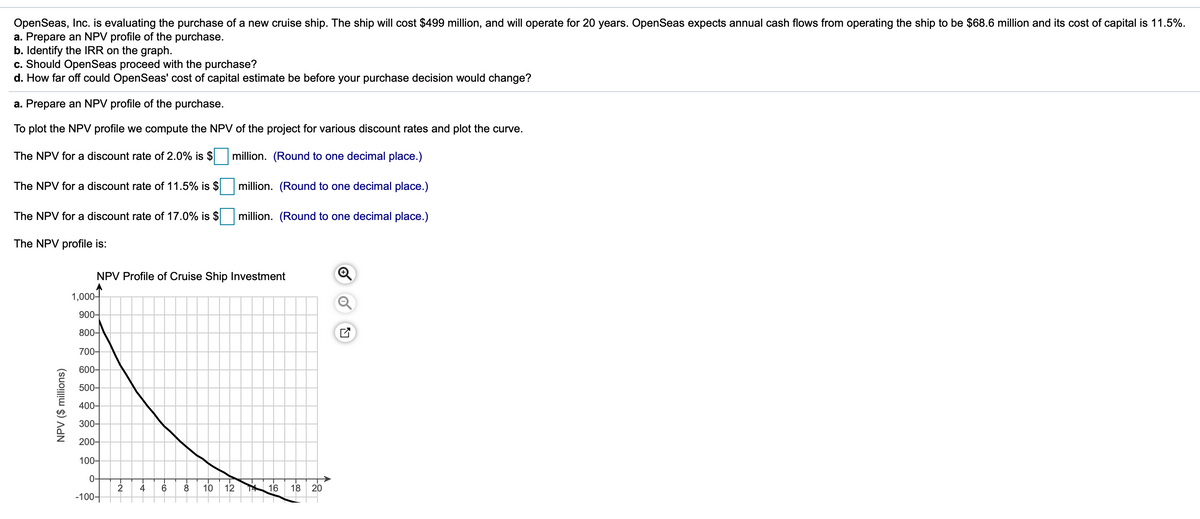 OpenSeas, Inc. is evaluating the purchase of a new cruise ship. The ship will cost $499 million, and will operate for 20 years. OpenSeas expects annual cash flows from operating the ship to be $68.6 million and its cost of capital is 11.5%.
a. Prepare an NPV profile of the purchase.
b. Identify the IRR on the graph.
c. Should OpenSeas proceed with the purchase?
d. How far off could OpenSeas' cost of capital estimate be before your purchase decision would change?
a. Prepare an NPV profile of the purchase.
To plot the NPV profile we compute the NPV of the project for various discount rates and plot the curve.
The NPV for a discount rate of 2.0% is $
million. (Round to one decimal place.)
The NPV for a discount rate of 11.5% is $
million. (Round to one decimal place.)
The NPV for a discount rate of 17.0% is $
million. (Round to one decimal place.)
The NPV profile is:
NPV Profile of Cruise Ship Investment
1,000-
900-
800-
700-
600-
500-
400-
300-
200-
100-
0-
4
8
10
12
A 16
18
20
-100-
NPV ($ millions)
