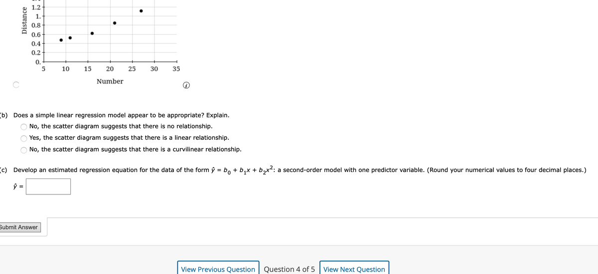 1.2
1.
0.8
0.6
0.4
0.2
0.
5
10
15
25
30
35
Number
(b) Does a simple linear regression model appear to be appropriate? Explain.
No, the scatter diagram suggests that there is no relationship.
Yes, the scatter diagram suggests that there is a linear relationship.
No, the scatter diagram suggests that there is a curvilinear relationship.
(c) Develop an estimated regression equation for the data of the form ý = bo + b,x + b,x2: a second-order model with one predictor variable. (Round your numerical values to four decimal places.)
Submit Answer
View Previous Question Question 4 of 5
View Next Question
Distance
20
