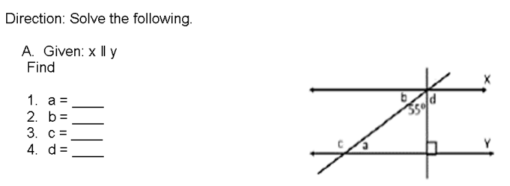 Direction: Solve the following.
A. Given: x || y
Find
1. a =
2.
b =
3.
C
4.
d
محمد
X
Y