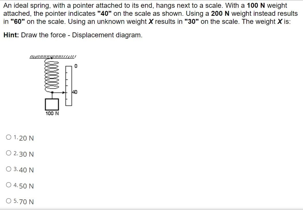 An ideal spring, with a pointer attached to its end, hangs next to a scale. With a 100 N weight
attached, the pointer indicates "40" on the scale as shown. Using a 200N weight instead results
in "60" on the scale. Using an unknown weight X results in "30" on the scale. The weight X is:
Hint: Draw the force - Displacement diagram.
100 N
O 1.20 N
O 2.30 N
O 3.40 N
O 4.50 N
O 5.70 N
