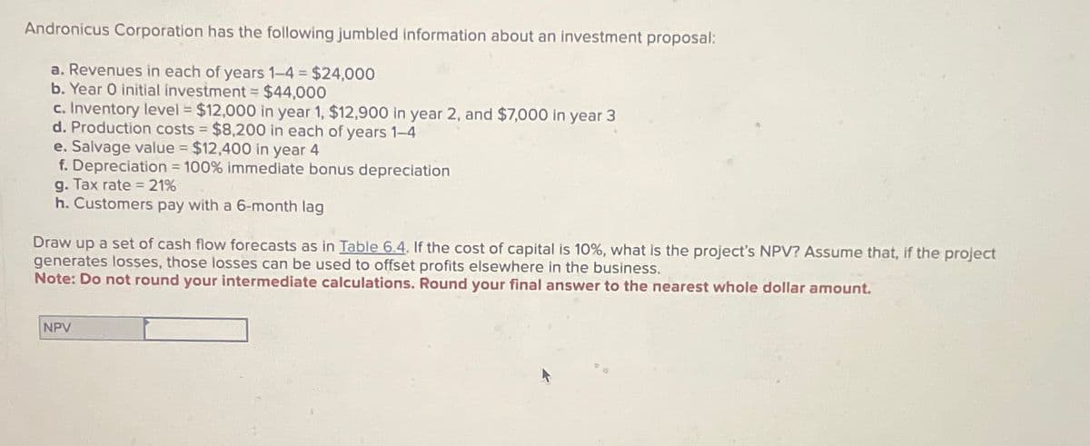 Andronicus Corporation has the following jumbled information about an investment proposal:
a. Revenues in each of years 1-4 = $24,000
b. Year 0 initial investment = $44,000
c. Inventory level = $12,000 in year 1, $12,900 in year 2, and $7,000 in year 3
d. Production costs $8,200 in each of years 1-4
e. Salvage value $12,400 in year 4
f. Depreciation 100% immediate bonus depreciation
=
g. Tax rate 21%
h. Customers pay with a 6-month lag
Draw up a set of cash flow forecasts as in Table 6.4. If the cost of capital is 10%, what is the project's NPV? Assume that, if the project
generates losses, those losses can be used to offset profits elsewhere in the business.
Note: Do not round your intermediate calculations. Round your final answer to the nearest whole dollar amount.
NPV