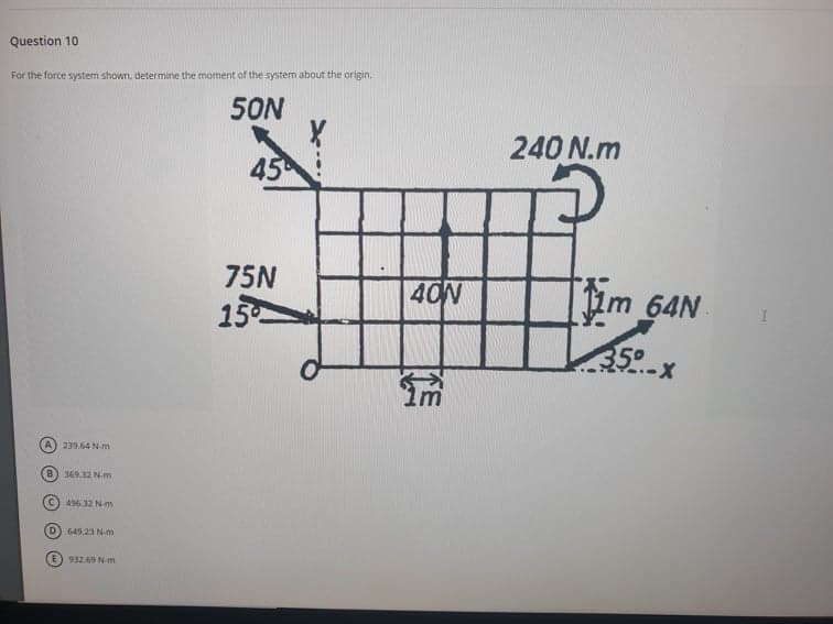 Question 10
For the force system shown, determine the moment of the system about the origin.
50N
240 N.m
45
75N
[im
40N
!m 64N
15
35-X
A) 239.64 N-m
B 369.32 N-m
496.32 N-m
D) 649.23 N-m
932.69 N-m
