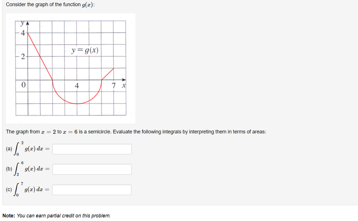 Consider the graph of the function g(x):
4
(b)
0
(C)
6
› [₂*9(x) dx =
The graph from x = 2 to x = 6 is a semicircle. Evaluate the following integrals by interpreting them in terms of areas:
2
(a) [²
s
g(x) dx =
7
[²
y = g(x)
g(x) dx =
4
7 x
Note: You can earn partial credit on this problem.