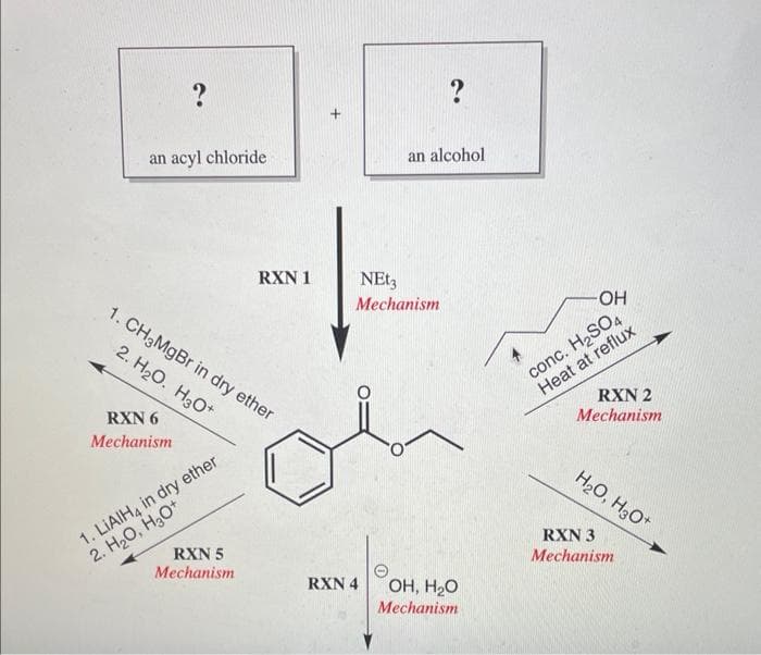 ?
an acyl chloride
RXN 6
Mechanism
1. CH3MgBr in dry ether
2. H₂O. H₂O+
1. LIAIH4 in dry ether
2. H₂O, H₂O+
RXN 1
RXN 5
Mechanism
NEt3
Mechanism
RXN 4
?
an alcohol
OH, H2O
Mechanism
-OH
conc. H₂SO
Heat at reflux
RXN 2
Mechanism
H₂O, H3O+
RXN 3
Mechanism