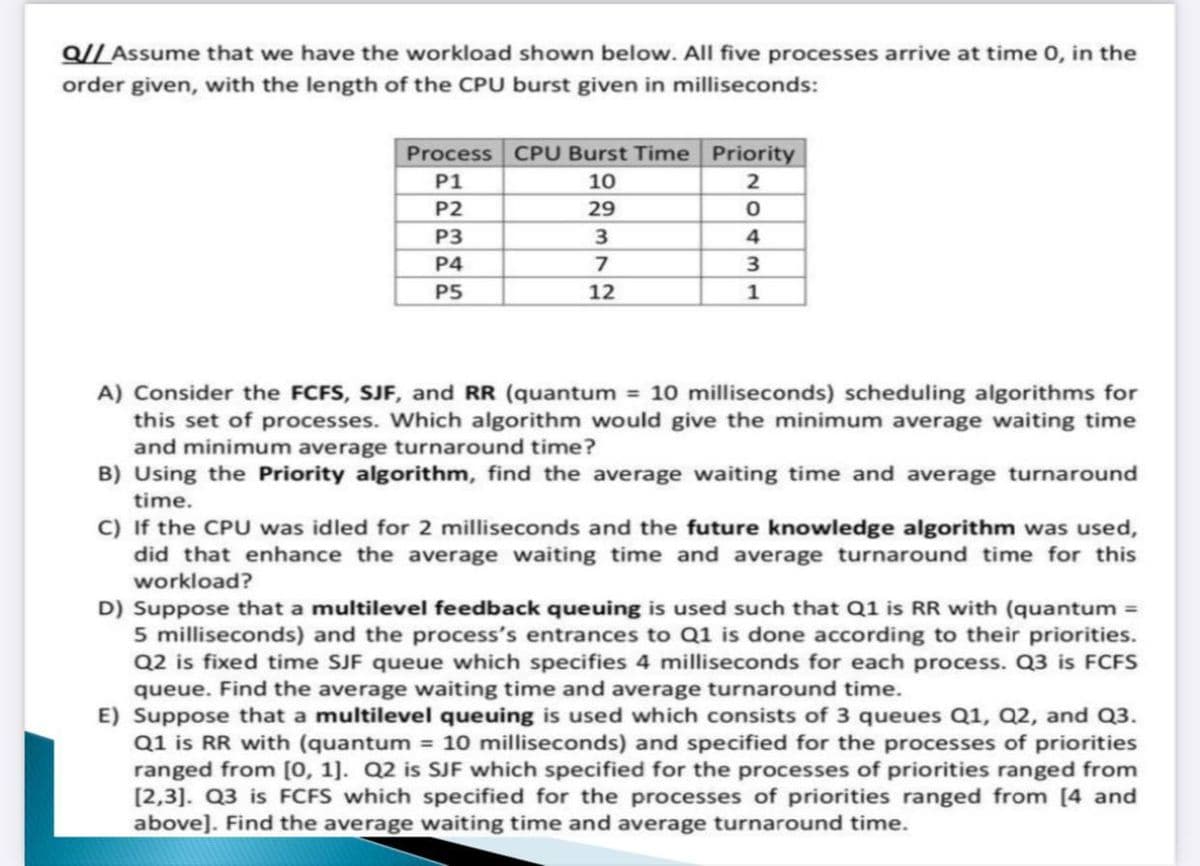 Q// Assume that we have the workload shown below. All five processes arrive at time 0, in the
order given, with the length of the CPU burst given in milliseconds:
Process CPU Burst Time Priority
P1
10
P2
29
P3
3
P4
P5
12
1
A) Consider the FCFS, SJF, and RR (quantum = 10 milliseconds) scheduling algorithms for
this set of processes. Which algorithm would give the minimum average waiting time
and minimum average turnaround time?
B) Using the Priority algorithm, find the average waiting time and average turnaround
time.
C) If the CPU was idled for 2 milliseconds and the future knowledge algorithm was used,
did that enhance the average waiting time and average turnaround time for this
workload?
D) Suppose that a multilevel feedback queuing is used such that Q1 is RR with (quantum =
5 milliseconds) and the process's entrances to Q1 is done according to their priorities.
Q2 is fixed time SJF queue which specifies 4 milliseconds for each process. Q3 is FCFS
queue. Find the average waiting time and average turnaround time.
E) Suppose that a multilevel queuing is used which consists of 3 queues Q1, Q2, and Q3.
Q1 is RR with (quantum = 10 milliseconds) and specified for the processes of priorities
ranged from [0, 1]. Q2 is SJF which specified for the processes of priorities ranged from
[2,3]. Q3 is FCFS which specified for the processes of priorities ranged from [4 and
above]. Find the average waiting time and average turnaround time.
