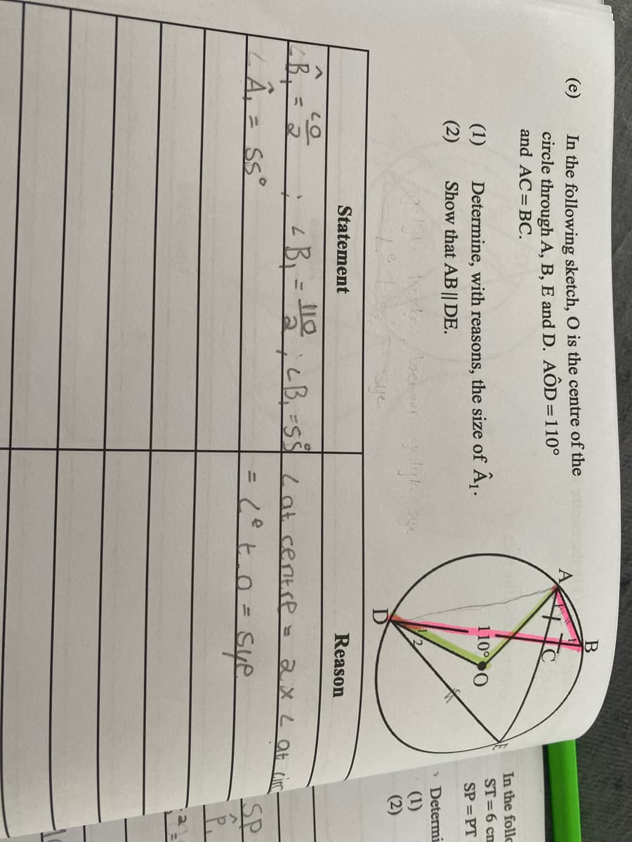 (e)
In the following sketch, O is the centre of the
circle through A, B, E and D. AAÔD=110°
and AC=BC.
In the follc
ST=6 cm
110° 0
Determine, with reasons, the size of A,.
Show that AB || DE.
(1)
SP =PT
(2)
Determi
Locnour
(1)
Sye
Statement
Reason
B+
Â, = ss°
L B, =
2;LB,=SS Lat centre s
2xL at circ
E SS°
SP
%3D
