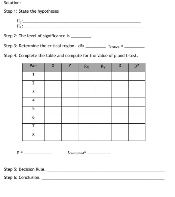 Solution:
Step 1: State the hypotheses
Step 2: The level of significance is,
Step 3: Determine the critical region. df=,
teritical =
Step 4: Complete the table and compute for the value of p and t-test.
Pair
Y
Rx
RY
D?
1
3
6.
8
tcomputed"
Step 5: Decision Rule.
Step 6: Conclusion. .
