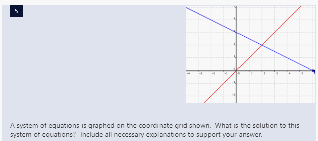 5
A system of equations is graphed on the coordinate grid shown. What is the solution to this
system of equations? Include all necessary explanations to support your answer.
