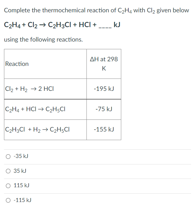 Complete the thermochemical reaction of CH4 with Cl2 given below
C2H4 + Cl2 → C2H3CI + HCI +
kJ
using the following reactions.
AH at 298
Reaction
K
Cl2 + H2 → 2 HCI
-195 kJ
C2H4 + HCI → C2H5CI
-75 kJ
C2H3CI + H2 → C2H5CI
-155 kJ
-35 kJ
О 35 kJ
O 115 kJ
O -115 kJ
