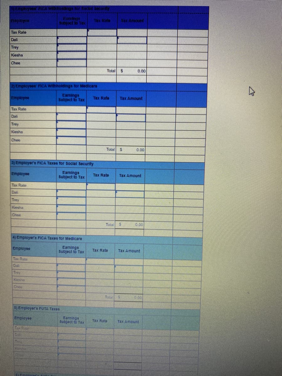 21 Employees RCA Widthordings har Sochid Samurty
Cuningt
Subject to Tax
Employee
Tax Rate
Dali
Trey
Kiesha
Chee
2) Employees' FICA Withholdings for Medicare
Earnings
Subject to Tax
Employee
Tax Rate
Dali
Trey
Kiesha
Chee
3) Employer's FICA Taxes for Social Security
Earnings
Subject to Tax
Employee
Tax Rate
Dali
Trey
Kiesha
Choe
4) Employer'e FICA Taxes for Medicare
Earnings
Subject to Tax
Employee
Tax Rate
Trey
Kinsha
Chee
5) Employer's FUTA Taxes
Employee
Tax Rule
Dak
Trey
Klienhas
61 Emplo
Tex Hata
Earninge
Subject to Tax
Total
Tax Rate
Tax Rate
Total S
Tax Rate
Tix Amount
$
Tax Rate
Tax Amount
Total S
0.00
Total S
Tax Amount
0.00
0.00
Tax Amount
0.00
Tax Amount