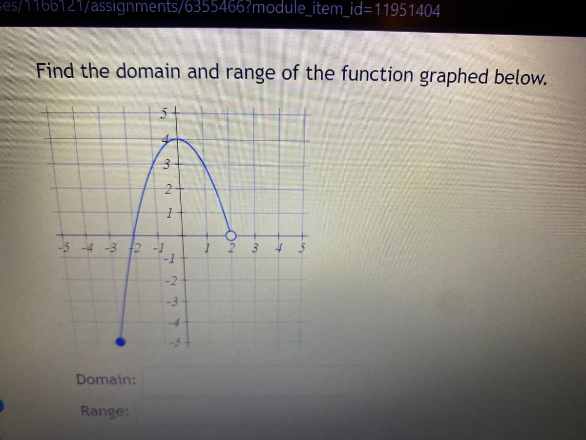 ses/1166121/assignments/6355466?module_item_id=11951404
Find the domain and range of the function graphed below.
-5 -4 -3
Domain:
4
Range:
3
42 -1
2
1
-1
-2
-3
-4
2
2 3 4 5