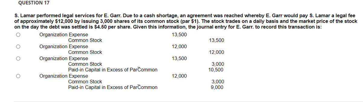 QUESTION 17
S. Lamar performed legal services for E. Garr. Due to a cash shortage, an agreement was reached whereby E. Garr would pay S. Lamar a legal fee
of approximately $12,000 by issuing 3,000 shares of its common stock (par $1). The stock trades on a daily basis and the market price of the stock
on the day the debt was settled is $4.50 per share. Given this information, the journal entry for E. Garr. to record this transaction is:
Organization Expense
13,500
Common Stock
13,500
Organization Expense
12,000
Common Stock
12,000
Organization Expense
13,500
Common Stock
3,000
10,500
Paid-in Capital in Excess of ParCommon
Organization Expense
12,000
Common Stock
3,000
9,000
Paid-in Capital in Excess of ParCommon
O o o
