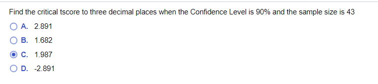 Find the critical tscore to three decimal places when the Confidence Level is 90% and the sample size is 43
O A. 2.891
B. 1.682
O C. 1.987
D. -2.891
