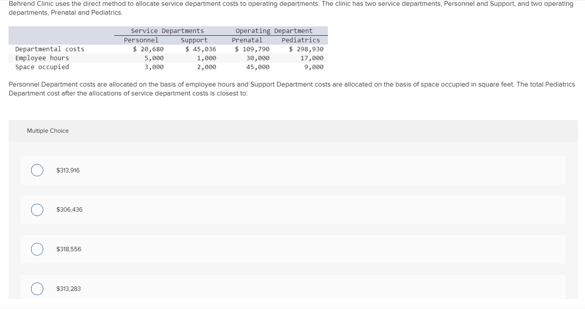 ### Allocation of Service Department Costs in Behrend Clinic

**Cost Allocation in Behrend Clinic**

Behrend Clinic uses the direct method to allocate service department costs to operating departments. The clinic has two service departments, Personnel and Support, and two operating departments, Prenatal and Pediatrics.

#### Cost Allocation Breakdown

| Item                    | Service Departments | Operating Departments |
|-------------------------|---------------------|-----------------------|
|                         | Personnel           | Support               | Prenatal | Pediatrics |
| **Departmental costs**  | $20,680             | $45,036               | $109,790 | $298,930   |
| **Employee hours**      | 5,000               | 1,000                 | 30,000   | 17,000     |
| **Space occupied (sq. ft.)** | 3,000               | 2,000                 | 45,000   | 9,000      |

#### Allocation Bases

- *Personnel Department costs* are allocated based on employee hours.
- *Support Department costs* are allocated based on space occupied in square feet.

#### Objective

Calculate the total Pediatrics Department cost after the allocation of service department costs.

##### Multiple-Choice Options

1. $313,916
2. $306,436
3. $318,556
4. $313,283

#### Graphs and Diagrams

The table above provides a detailed breakdown of the departmental costs, employee hours, and space occupied for the service and operating departments. The data will be used to allocate the costs from the service departments (Personnel and Support) to the operating departments (Prenatal and Pediatrics) using the specified allocation bases.

This educational breakdown will aid in understanding the application of cost allocation methods in real-world scenarios, particularly in healthcare settings like Behrend Clinic. The goal is to accurately determine the costs associated after allocations, enhancing budgeting and financial planning skills.

---

**Note:** Ensure to apply the direct method correctly by following the allocation bases provided to determine the accurate total Pediatrics Department cost. Select the closest answer from the multiple-choice options given.