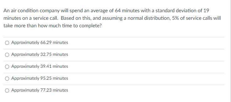 An air condition company will spend an average of 64 minutes with a standard deviation of 19
minutes on a service call. Based on this, and assuming a normal distribution, 5% of service calls will
take more than how much time to complete?
Approximately 66.29 minutes
O Approximately 32.75 minutes
O Approximately 39.41 minutes
O Approximately 95.25 minutes
O Approximately 77.23 minutes