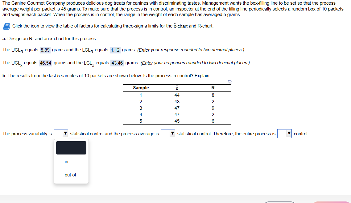 The Canine Gourmet Company produces delicious dog treats for canines with discriminating tastes. Management wants the box-filling line to be set so that the process
average weight per packet is 45 grams. To make sure that the process is in control, an inspector at the end of the filling line periodically selects a random box of 10 packets
and weighs each packet. When the process is in control, the range in the weight of each sample has averaged 5 grams.
Click the icon to view the table of factors for calculating three-sigma limits for the x-chart and R-chart.
a. Design an R- and an x-chart for this process.
The UCLR equals 8.89 grams and the LCLR equals 1.12 grams. (Enter your response rounded to two decimal places.)
The UCL equals 46.54 grams and the LCL equals 43.46 grams. (Enter your responses rounded to two decimal places.)
b. The results from the last 5 samples of 10 packets are shown below. Is the process in control? Explain.
The process variability is
in
Sample
1
2
3
4
5
statistical control and the process average is
out of
X
44
43
47
47
45
R
8
2
9
2
6
Q
statistical control. Therefore, the entire process is
control.