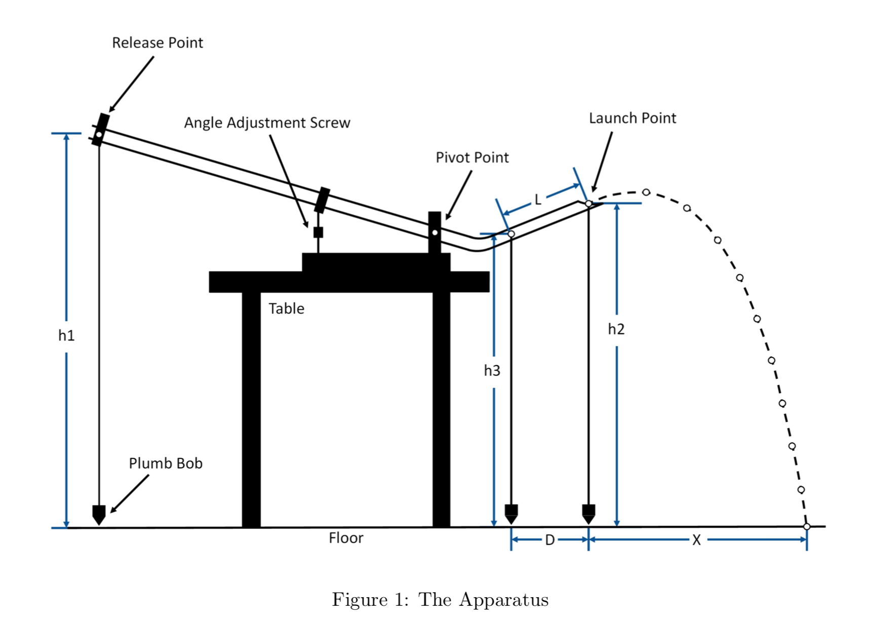 Release Point
Launch Point
Angle Adjustment Screw
Pivot Point
Table
h2
h1
h3
Plumb Bob
Floor
х
Figure 1: The Apparatus
