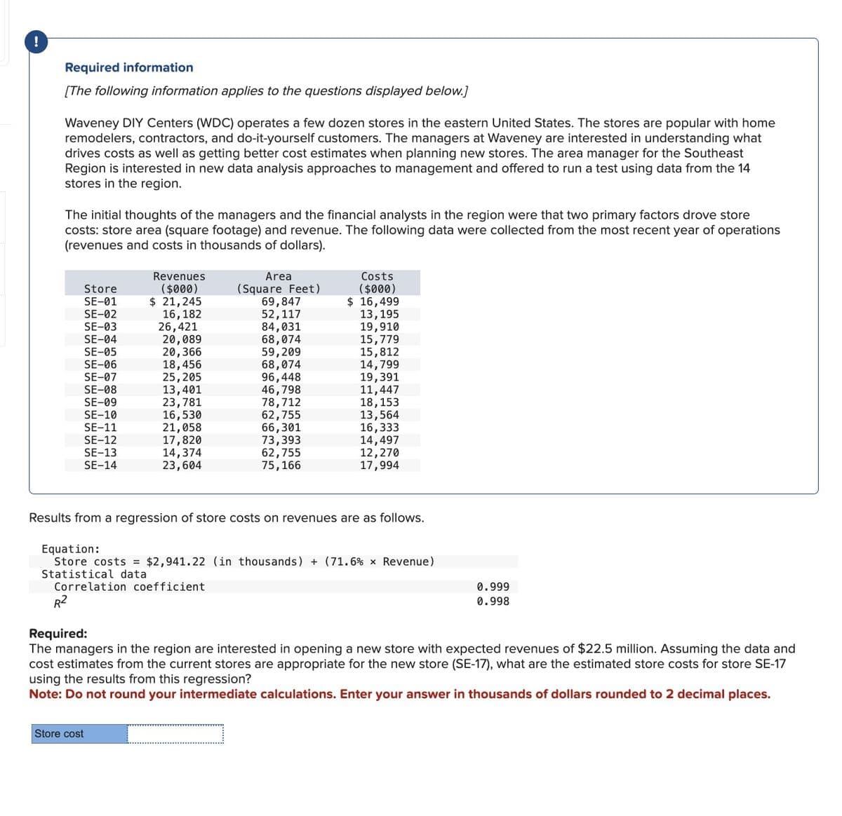 !
Required information
[The following information applies to the questions displayed below.]
Waveney DIY Centers (WDC) operates a few dozen stores in the eastern United States. The stores are popular with home
remodelers, contractors, and do-it-yourself customers. The managers at Waveney are interested in understanding what
drives costs as well as getting better cost estimates when planning new stores. The area manager for the Southeast
Region is interested in new data analysis approaches to management and offered to run a test using data from the 14
stores in the region.
The initial thoughts of the managers and the financial analysts in the region were that two primary factors drove store
costs: store area (square footage) and revenue. The following data were collected from the most recent year of operations
(revenues and costs in thousands of dollars).
Store
SE-01
SE-02
SE-03
SE-04
SE-05
SE-06
SE-07
SE-08
SE-09
SE-10
SE-11
SE-12
SE-13
SE-14
Revenues
($000)
$ 21,245
16, 182
26,421
20,089
20,366
18,456
25,205
13,401
23,781
16,530
21, 058
17,820
14,374
23,604
Area
(Square Feet)
Store cost
69,847
52,117
84,031
68,074
59,209
68,074
96,448
46,798
78,712
62, 755
66,301
73,393
62,755
75, 166
Costs
($000)
$16,499
13,195
19,910
15,779
15,812
14,799
19,391
11,447
18,153
13,564
16,333
14,497
12,270
17,994
Results from a regression of store costs on revenues are as follows.
Equation:
Store costs = $2,941.22 (in thousands) + (71.6 % × Revenue)
Statistical data
Correlation coefficient
0.999
0.998
R²
Required:
The managers in the region are interested in opening a new store with expected revenues of $22.5 million. Assuming the data and
cost estimates from the current stores are appropriate for the new store (SE-17), what are the estimated store costs for store SE-17
using the results from this regression?
Note: Do not round your intermediate calculations. Enter your answer in thousands of dollars rounded to 2 decimal places.