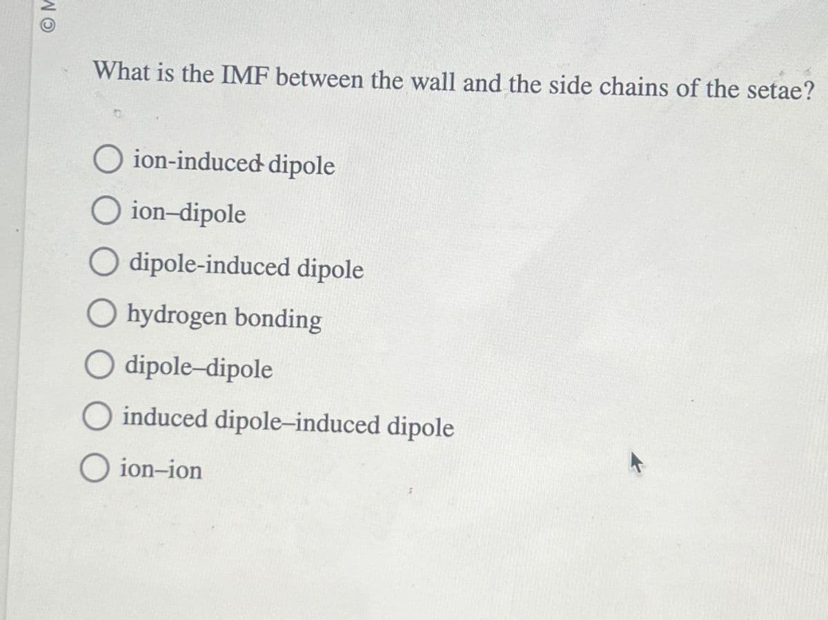 OM
What is the IMF between the wall and the side chains of the setae?
Oion-induced dipole
Oion-dipole
O dipole-induced dipole
Ohydrogen bonding
O dipole-dipole
O induced dipole-induced dipole
O ion-ion