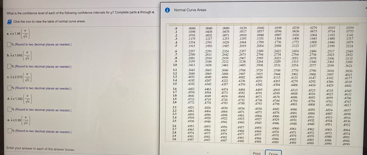 O Normal Curve Areas
dence level of each of the following confidence intervals for u? Complete parts a through e
A Click the ico
a.it 196
% (Round to two decimal places as needed.
as needed.
% (Round ta
I places as needed.)
% (Round to two decimal places as needed.)
4979
4985
Enter your answer
each of the answer boxes.
調
