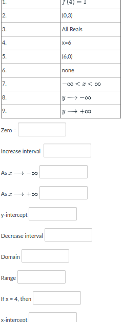 J(4)
2.
(0,3)
3.
All Reals
4.
x=6
5.
(6,0)
6.
none
7.
|-00 <x < oo
8.
y -> -00
9.
4 → +00
Zero =
Increase interval
As : -D0
As :+ +o0
y-intercept
Decrease interval
Domain
Range
If x = 4, then
x-intercept
