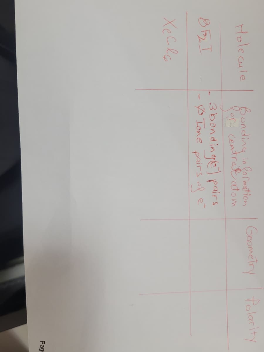 Geometry Polaritty
Holecule
Bonding in lormetion
Kor centrat atom
3bondingle) pairs
- O Tone pairs o
Pag
