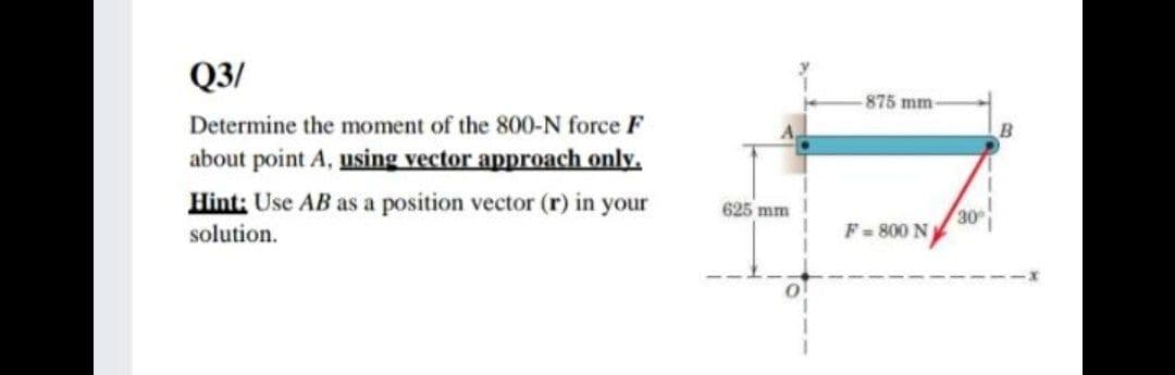 Q3/
875 mm-
Determine the moment of the 800-N force F
about point A, using vector approach only.
Hint: Use AB as a position vector (r) in your
625 mm
30
solution.
F- 800 N
