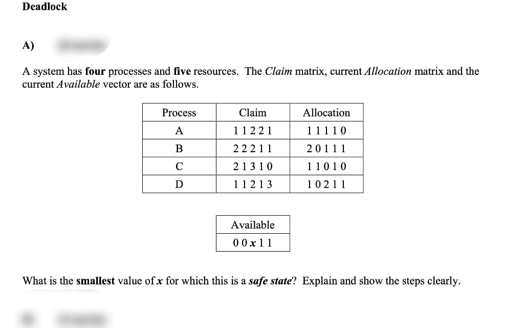 Deadlock
A)
A system has four processes and five resources. The Claim matrix, current Allocation matrix and the
current Available vector are as follows.
Process
A
B
C
D
Claim
11221
22211
21310
11213
Available
00x11
Allocation
11110
20111
11010
10211
What is the smallest value of x for which this is a safe state? Explain and show the steps clearly.