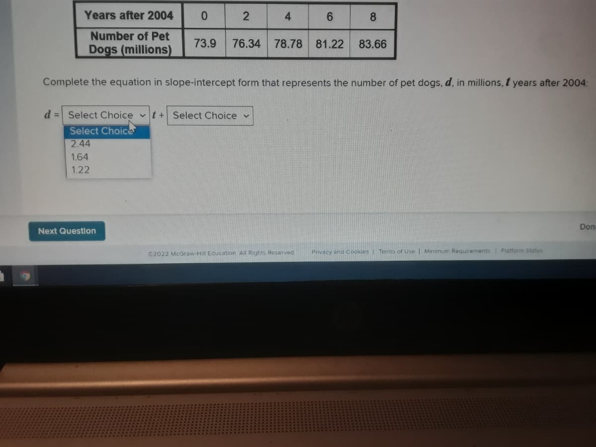 Years after 2004
4
8
Number of Pet
73.9
76.34 78.78 81.22
83.66
Dogs (millions)
Complete the equation in slope-intercept form that represents the number of pet dogs, d, in millions, t years after 2004:
d = Select Choice vt + Select Choice v
Select Choice
2.44
1.64
1.22
Don
Next Questlon
©2022 McGraw-Hill Education All Rights Reserved.
Privacy and Cookies Terms of Use | Minimum Requirements Platform Status
