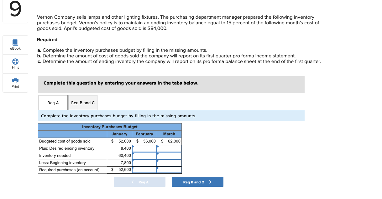 Vernon Company sells lamps and other lighting fixtures. The purchasing department manager prepared the following inventory
purchases budget. Vernon's policy is to maintain an ending inventory balance equal to 15 percent of the following month's cost of
goods sold. April's budgeted cost of goods sold is $84,000.
Required
a. Complete the inventory purchases budget by filling in the missing amounts.
b. Determine the amount of cost of goods sold the company will report on its first quarter pro forma income statement.
c. Determine the amount of ending inventory the company will report on its pro forma balance sheet at the end of the first quarter.
