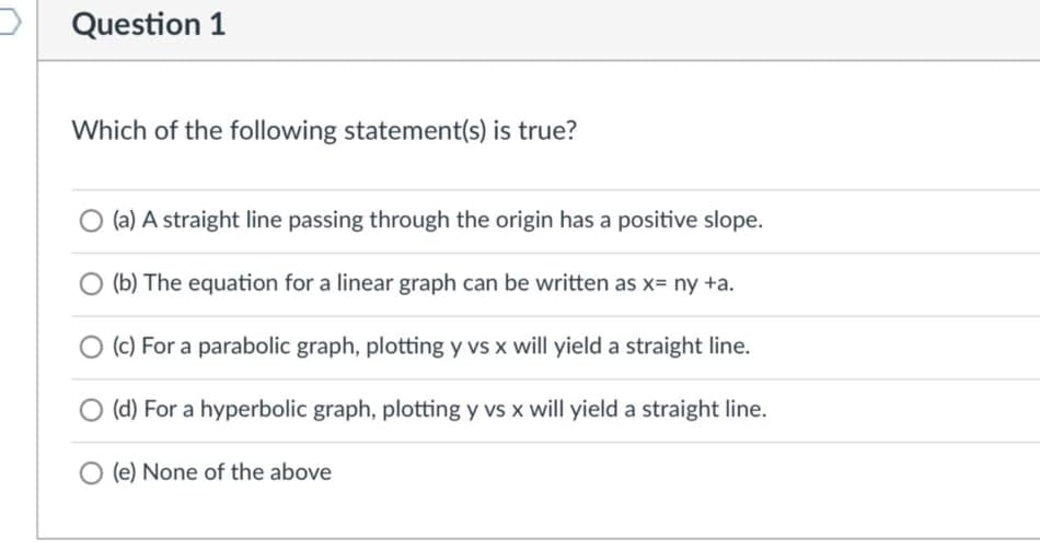 Question 1
Which of the following statement(s) is true?
O (a) A straight line passing through the origin has a positive slope.
O (b) The equation for a linear graph can be written as x= ny +a.
O (c) For a parabolic graph, plotting y vs x will yield a straight line.
(d) For a hyperbolic graph, plotting y vs x will yield a straight line.
(e) None of the above
