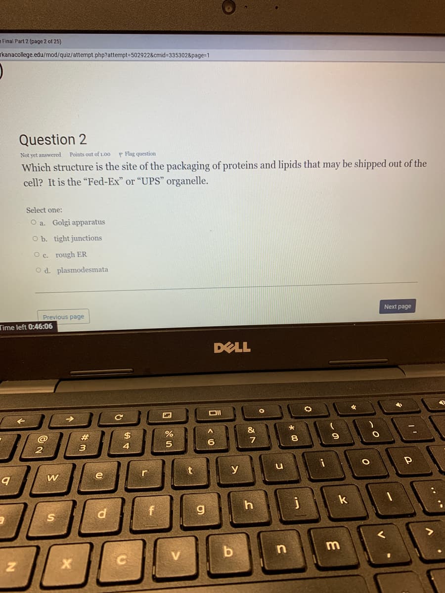 e Final Part 2 (page 2 of 25)
rkanacollege.edu/mod/quiz/attempt.php?attempt=502922&cmid=3353028&page=1
Question 2
Not yet answered
Points out of 1.00
P Flag question
Which structure is the site of the packaging of proteins and lipids that may be shipped out of the
cell? It is the "“Fed-Ex" or "UPS" organelle.
Select one:
O a. Golgi apparatus
O b. tight junctions
O c. rough ER
O d. plasmodesmata
Next page
Previous page
Time left 0:46:06
DELL
->
&
@
#3
$
7
8.
2
3
4
r
y
W
e
k

