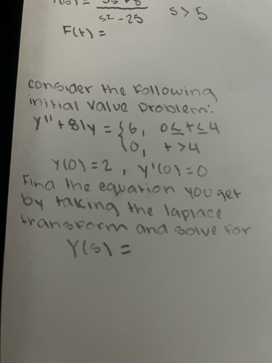 52-25
F(t) =
515
consider the following
initial valve problem:
Y" +81y = 26₁ 04+24
10₁ + >4
Y(0) = 2, y¹(01=0
Find the equation you get
by taking the laplace
transform and solve for
Y(5)=