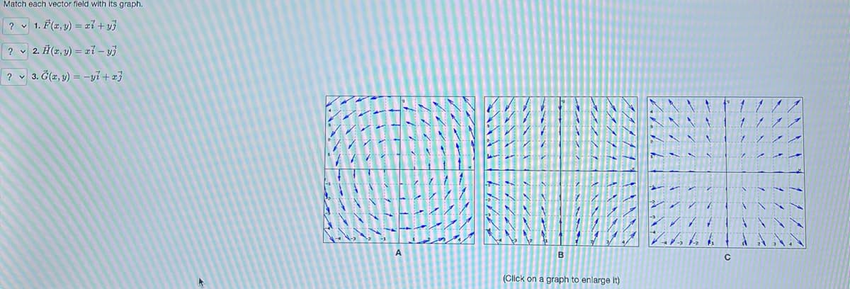 Match each vector field with its graph.
? 1. F(x, y) = x² + y}
? + 2. H(2,3) = rỉ s
?
3. G(x, y) = y² + x3
A
1111
B
(Click on a graph to enlarge it)
с