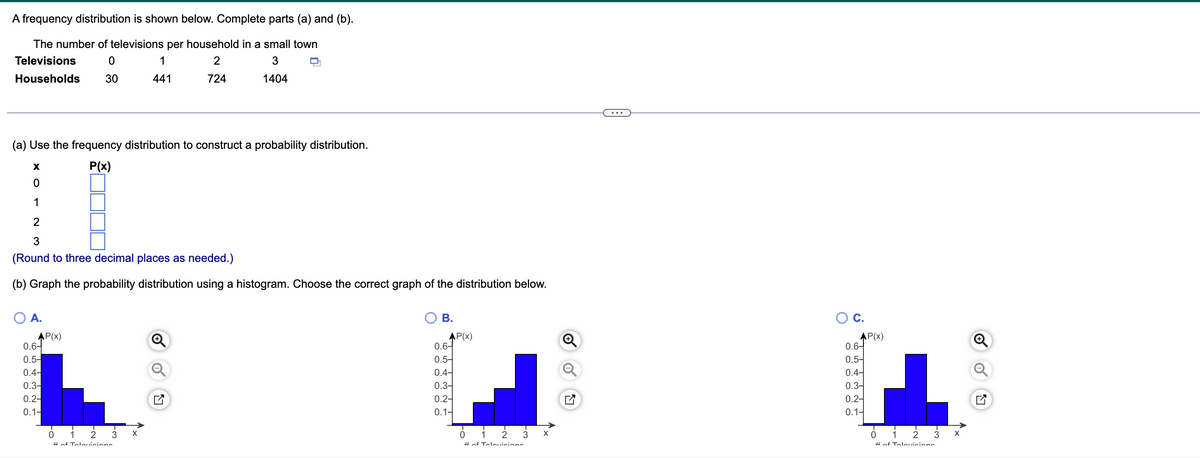 A frequency distribution is shown below. Complete parts (a) and (b).
The number of televisions per household in a small town
Televisions
1
3
Households
30
441
724
1404
(a) Use the frequency distribution to construct a probability distribution.
P(x)
1
2
3
(Round to three decimal places as needed.)
(b) Graph the probability distribution using a histogram. Choose the correct graph of the distribution below.
O A.
В.
C.
AP(x)
0.6-
0.5-
0.4-
0.3-
0.2-
0.1-
AP(x)
0.6-
AP(x)
0.6-
0.5-
0.5-
0.4-
0.3-
0.2-
0.1-
0.4-
0.3-
0.2-
0.1-
1
2 3 X
3
H of Tolovicion
H of Tolovicion
H of Tolvicione
