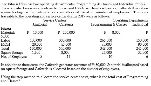 The Fitness Club has two operating departments- Programming & Classes and Individual fitness.
There are also two service centers- Janitorial and Cafeteria. Janitorial costs are allocated based on
square footage, while Cafeteria costs are allocated based on number of employees. The costs
traceable to the operating and service center during 2019 were as follows:
Operating Departments
Individual
Service Centers
Janitorial
Cafeteria
Programming & Classes
Fitness
Materials
P 10,000
P 200,000
P
8,000
5,000
Labor
100,000
20,000
130,000
1,600
5
300,000
40,000
540,000
8,000
14
265,000
75,000
348,000
24,000
19
150,000
90,000
245,000
32,000
6
МОН
Total
Square footage
No. of Employee
In addition to these costs, the Cafeteria generates revenues of P480,000. Janitorial is allocated based
on square footage and Cafeteria is allocated based on the number of employees.
Using the step method to allocate the service center costs, what is the total cost of Programming
and Classes?
