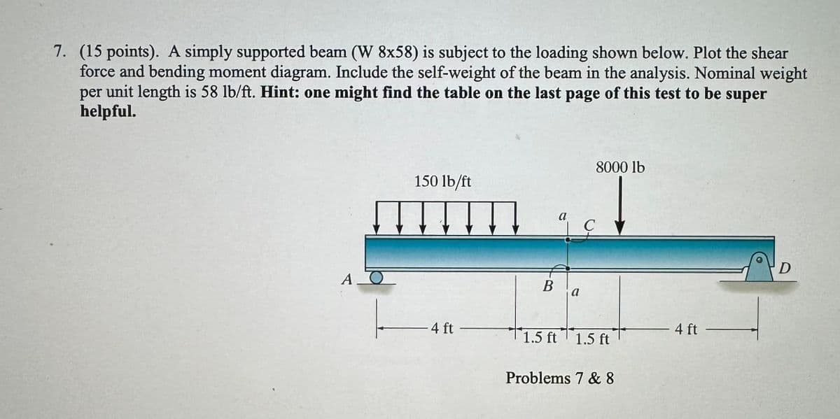 7. (15 points). A simply supported beam (W 8x58) is subject to the loading shown below. Plot the shear
force and bending moment diagram. Include the self-weight of the beam in the analysis. Nominal weight
per
unit length is 58 lb/ft. Hint: one might find the table on the last page of this test to be super
helpful.
A
150 lb/ft
a
B
a
8000 lb
4 ft
- 4 ft-
1.5 ft 1.5 ft
Problems 7 & 8
D