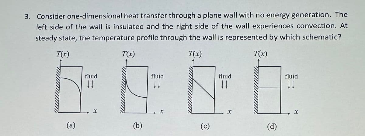 3. Consider one-dimensional heat transfer through a plane wall with no energy generation. The
left side of the wall is insulated and the right side of the wall experiences convection. At
steady state, the temperature profile through the wall is represented by which schematic?
T(x)
T(x)
T(x)
T(x)
fluid
H
(a)
Χ
fluid
fluid
(b)
(c)
(d)
fluid
!!