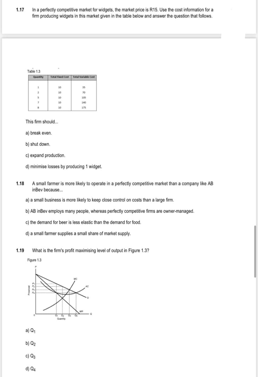 In a perfectly competitive market for widgets, the market price is R15. Use the cost information for a
firm producing widgets in this market given in the table below and answer the question that follows.
1.17
Table 1.3
Quantity
Total Fixed Cost
Total Variable Cost
10
35
10
70
10
105
10
140
10
175
This firm should..
a) break even.
b) shut down.
c) expand production.
d) minimise losses by producing 1 widget.
A small farmer is more likely to operate in a perfectly competitive market than a company like AB
inBev because.
1.18
a) a small business is more likely to keep close control on costs than a large firm.
b) AB inBev employs many people, whereas perfectly competitive firms are owner-managed.
c) the demand for beer is less elastic than the demand for food.
d) a small farmer supplies a small share of market supply.
1.19
What is the firm's profit maximising level of output in Figure 1.3?
Figure 1.3
Quantity
a) Q1
b) Q2
c) Q3
d) Q4
