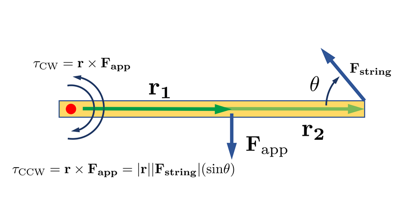 TCW = r X Fapp
r1
TCCW = r x Fapp = |r||Fstring|(sin()
Fapp
0
r2
Fstring