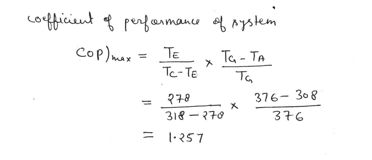 coufficient of perfarmance ef mystem
Cop) max
TE
Ta - TA
Te-TE
Ta
?78
376- 308
31९ - २१०
376
1.257
