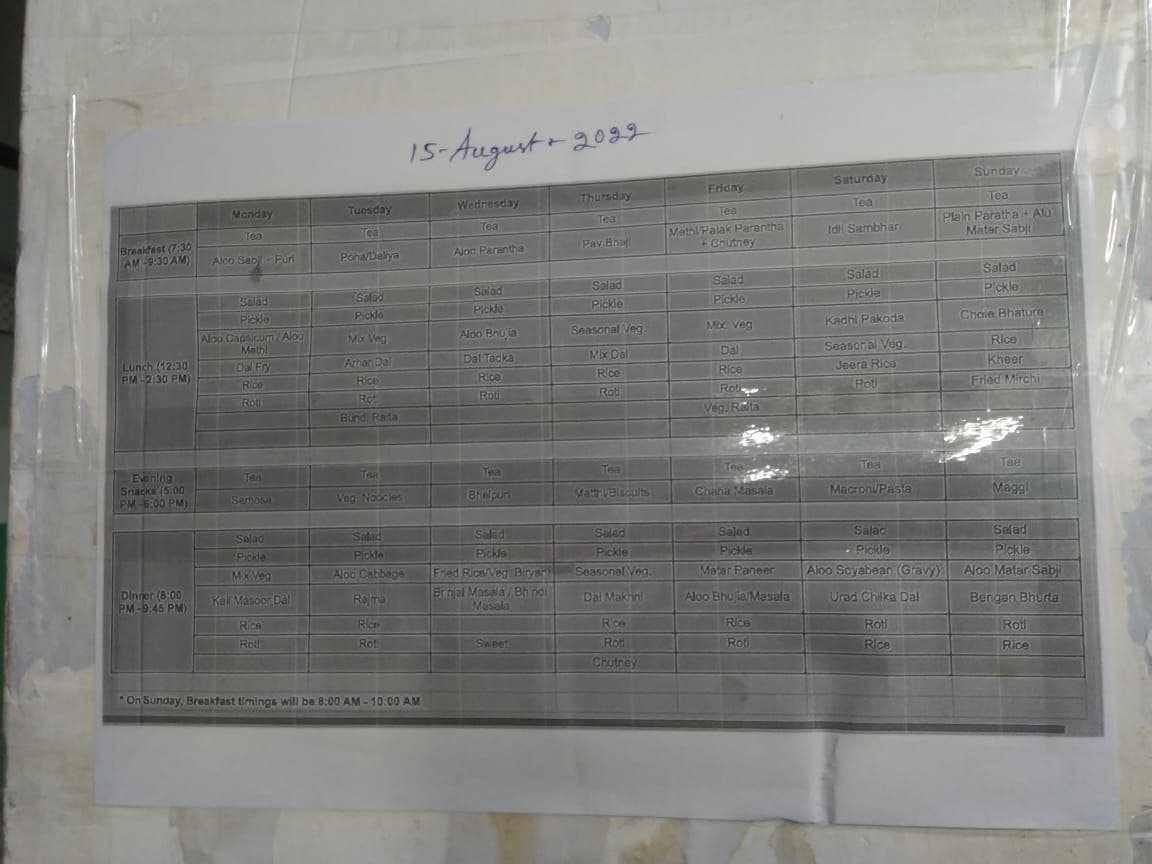 Breaidast (7:30
AM-9:30 AM)
Lunch (12:30
PM-2:30 PM)
Evening
Snacks (5:00
PM-6:00 PM)
Dinner (8:00
PM-9:45 PM)
Monday
Toa
Aloo Sapil Puri
Salad
Pickle
Aloo Capsicum/Aloc
Math
Dal Fry
Rice
Roti
Tan
Samosa
Salad
Pickle
Mix Veg
Kall Masoor Dal
Rica
Rot!
Tuesday
Tea
Poha/Daliya
Salad
Picklo
Mix Veg
Athari Dal
Rice
Rot
Bundi Raita
Tea
Veg Noodles
Salad
Pickle
Aloo Cabbage
Rajma
Rice
Rot
15-August + 2092
On Sunday, Breakfast timings will be 8:00 AM - 10:00 AM
Wednesday
Tea
Aloc Parantha
Salad
Pickle
Aloo Bruja
Dal Tadka
Rice
Roti
Tea
Brelpuri
Salad
Pickle
Fried Rice/Veg Biryani
Brinjal Masala/Bh ndi
Masala
Sweet
Thursday
Toa
Pay Bha
Salad
Pickle
Seasonal Veg
Mix Dal
Rice
Rati
Tea
Matth Velocults
Saled
Pickle
Seasonal Veg.
Dal Makhni
Rice
Roti
Chutney
Friday
Tea
Mathl/Palak Parantha
+ Chutney
Salad
Pickle
Mix Veg
Dal
Rice
Rot
Veg. Raita
The
Chana Masala
Salud
Pickle
Matar Paneer
Aloo Bhujia/Masala
Rice
Roti
Saturday
Tea
Idi Sambhar
Salad
Pickle
Kadhi Pakoda
Seasonal Veg.
Jeera Rice
Roti
Tea
Macroni/Pasta
Salad
Pickle
Aloo Soyabean (Gravy)
Urad Chilka Dal
Roti
Rice
Sunday
Tea
Plain Paratha +Alu
Matar Sabji
Salad
Pickle
Chole Bhaturn
Rice
Kheer
Fried Mirchi
Тая
Maggl
Salad
Pickle
Aloo Matar Sabji
Bengan Bhurta
Roti
Rice