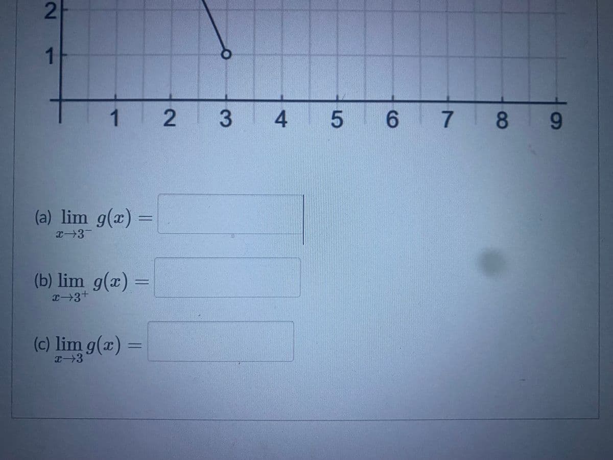 2
1
|1
2 3 4 5 6 7 89
(a) lim g(x) =
(b) lim g(x) =
I3+
(c) lim g(x) =
