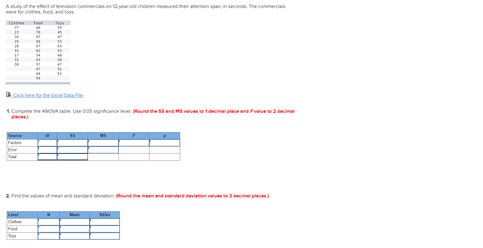 A study of the effect of television commercials on 12-year-old children measured their attention span, in seconds. The commercials
were for clothes, food, and toys.
Clothes
Food
Toys
37
46
59
23
70
45
36
47
47
35
58
53
28
47
63
31
42
53
17
34
48
31
43
58
20
57
47
47
51
44
51
54
I Click here for the Excel Data File
1. Complete the ANOVA table. Use 0.05 significance level. (Round the SS and MS values to 1 decimal place and Fvalue to 2 decimal
places.)
Source
df
MS
F
Factors
Error
Total
2. Find the values of mean and standard deviation. (Round the mean and standard deviation values to 3 decimal places.)
Level
N
Mean
StDev
Clothes
Food
Toys
